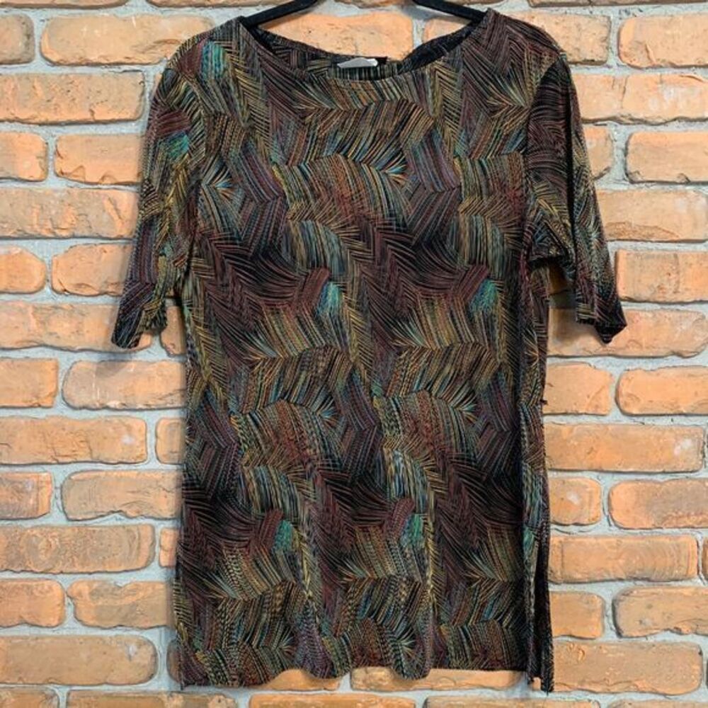 Connected Apparel Top Women's Size 14 Abstract Feather Print Crinkle Blouse Vtg